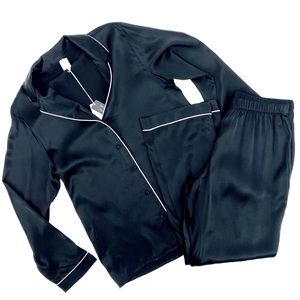 INIMISSIMI Manish-Cut Natural Silk Women's Black Contrast Pajama Set Size M